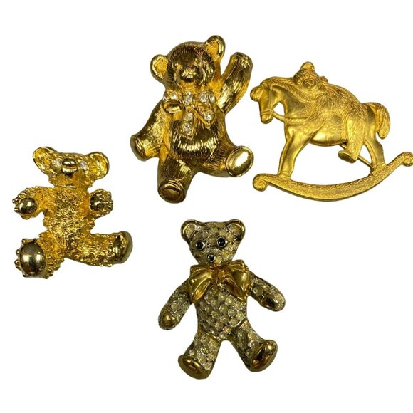 Vintage Teddy Bear Gold Tone Brooches, some with Rhinestones - top one is Avon - Picture 1 of 11